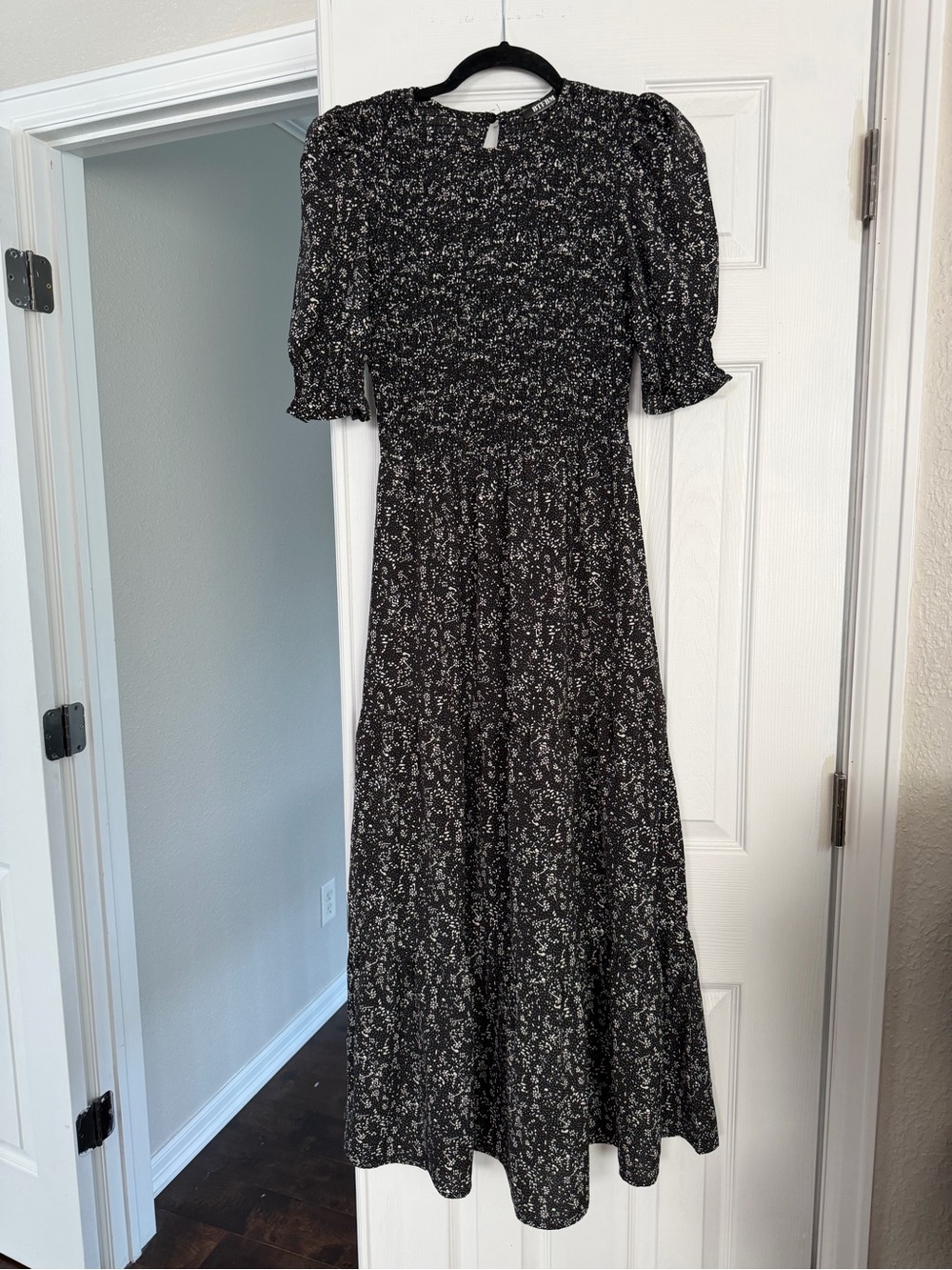 Smocked Black Floral Maxi Dress with Puff Sleeves